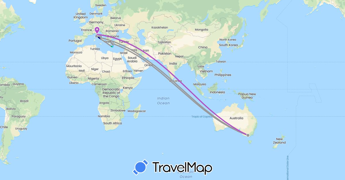 TravelMap itinerary: driving, bus, plane, train, boat in United Arab Emirates, Australia, Greece, Italy (Asia, Europe, Oceania)